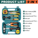 8/9/12/13Piece Tools Set General House hold Hand Tool Kit with Plastic Toolbox Storage Case